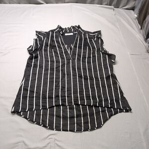 Sandro Womens Black White Striped Sleeveless Ruffled Blouse Chic‎ Linen Size 3